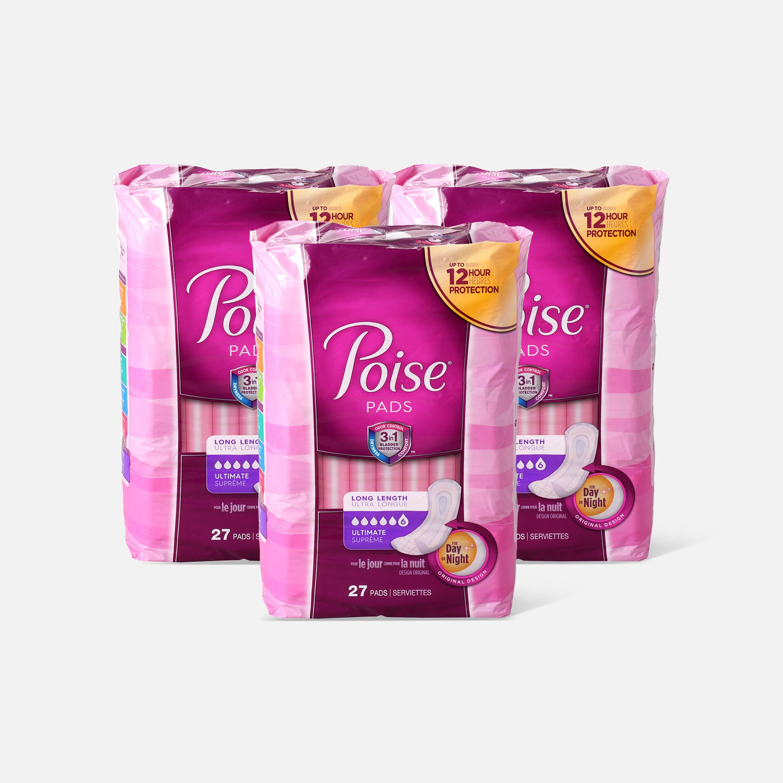 Poise Incontinence Pads, Ultimate Absorbency, Long, 27 ct. (3Pack)
